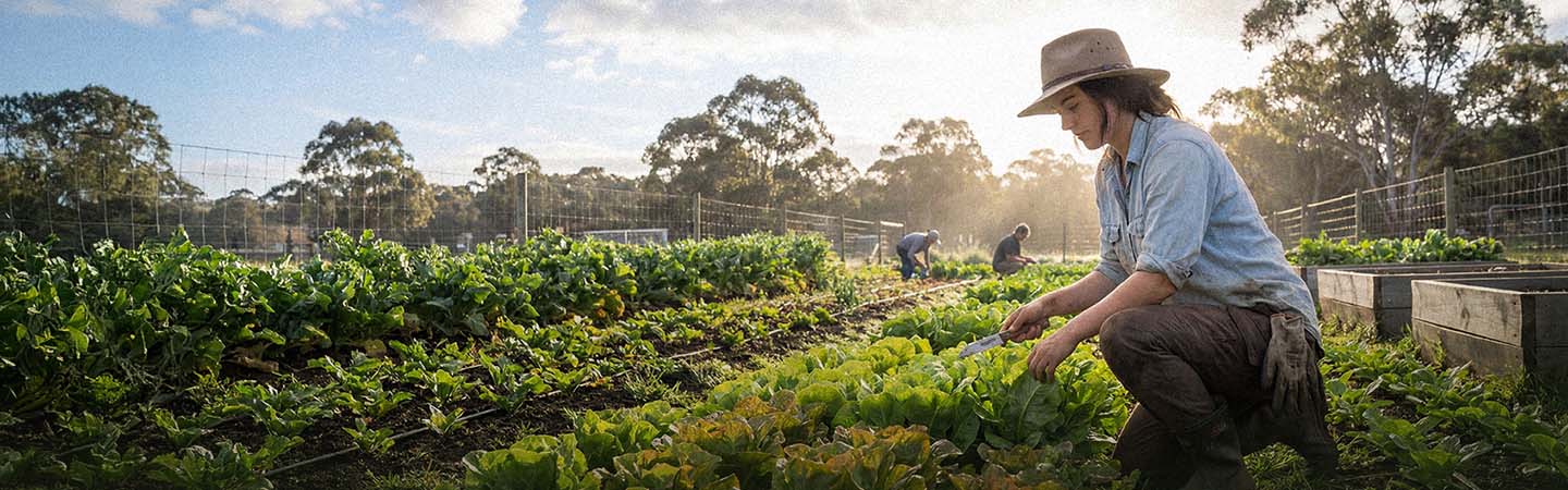 A person kneels to tend leafy green vegetables in a large vegetable garden, with others working in the background and sunlight filtering through surrounding trees.