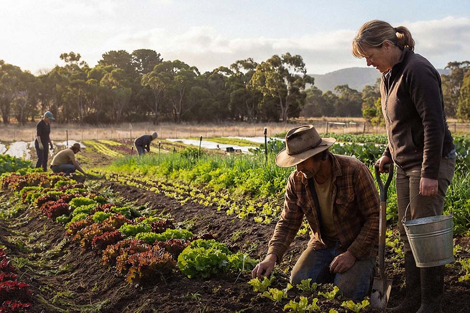People working together harvesting and tending to rows of leafy vegetables on a farm, surrounded by green crops and trees under a cloudy sky.