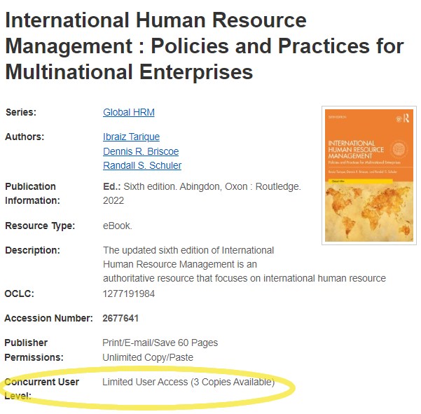 The Concurrent User Level field in a database record shows how many copies of the title can be accessed at once.