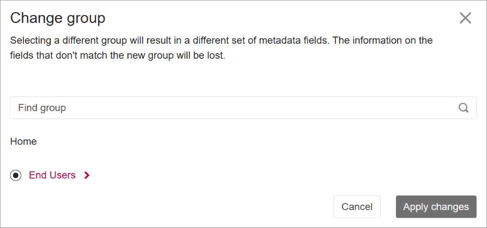 Screenshot of the Change group section with the End Users radio button selected.