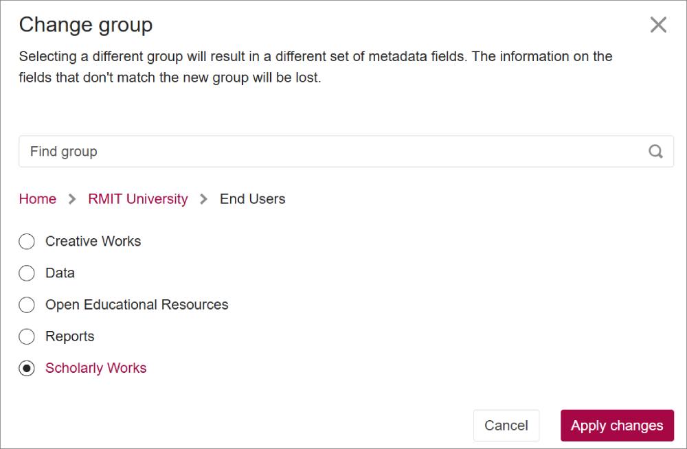 Screenshot of the Item Type groups options.