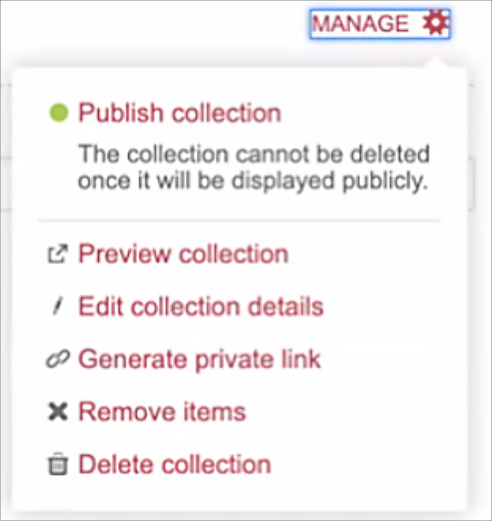 Screenshot showing the options under the Manage menu.