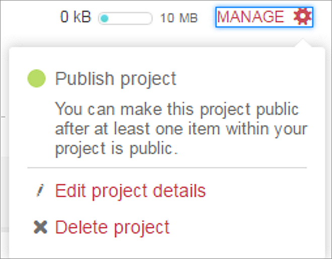 Screenshot showing the options under the Manage button.