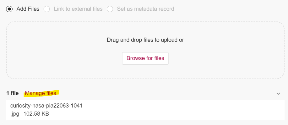 Screenshot showing the 'Manage files' link in the Add Files section.