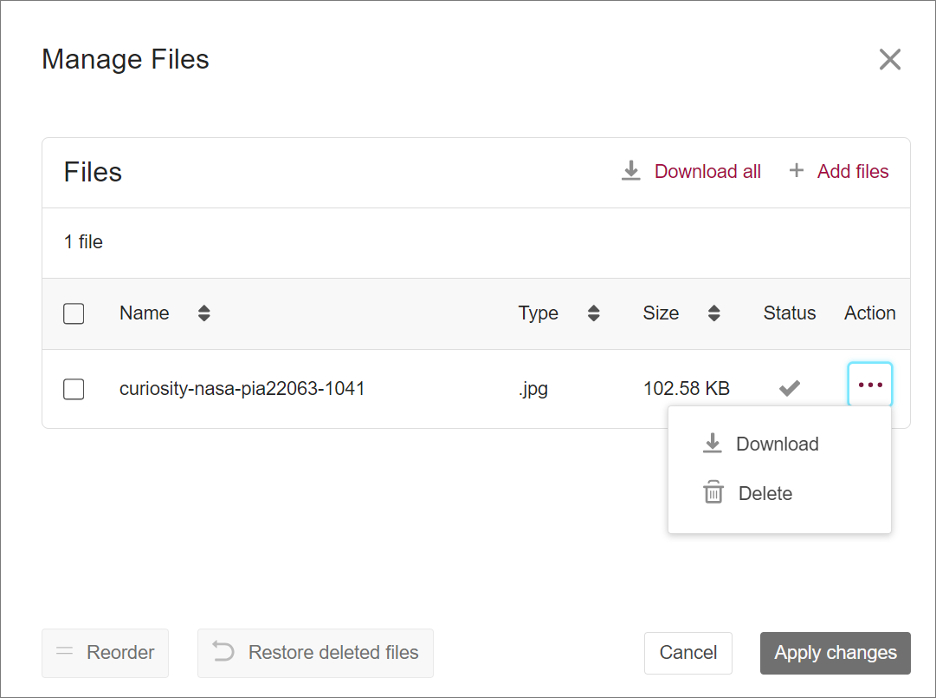 Screenshot showing the Download and Delete options activated.