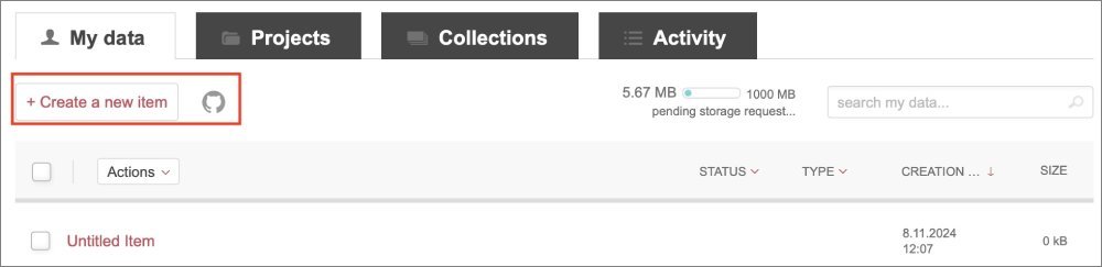 Screenshot showing the 'My data' tab with a '+ Create a new item' option.