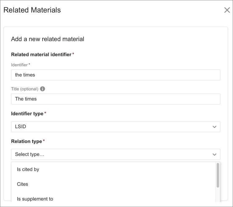 Screenshot of the Related Materials form.