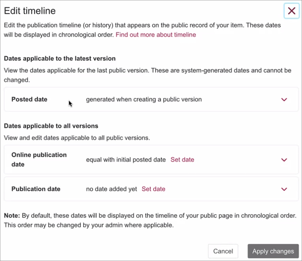 Screenshot showing the Edit timeline options.