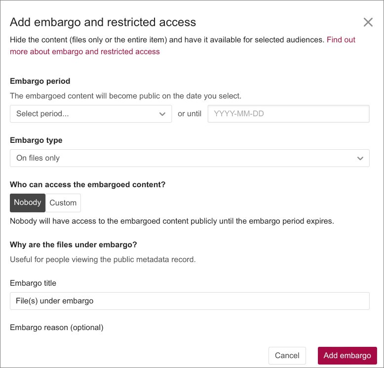 Screenshot of the 'Add embargo and restricted access' options.