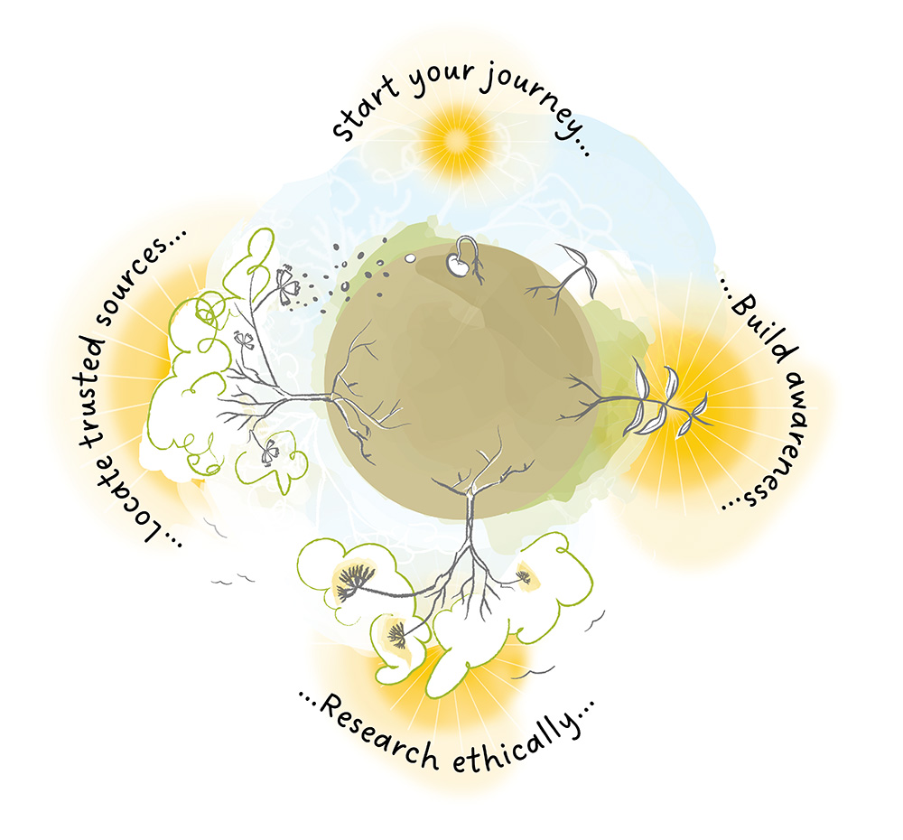 Image depicting the lifecycle of learning as a seed being planted (starting your journey), to a seedling (build awareness), to a flowering plant (research ethically) and finally a tree (locate trusted resources).