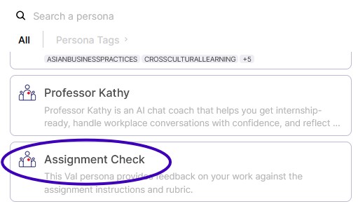 Screenshot of Val Personas menu with Assignment Check circled in blue.