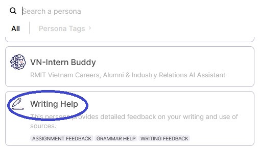 Screenshot of Val Personas menu with Writing Help circled in blue.