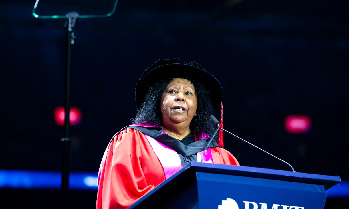 Maree Clarke accepting her honorary doctorate at RMIT's 2025 Melbourne Graduation Ceremony