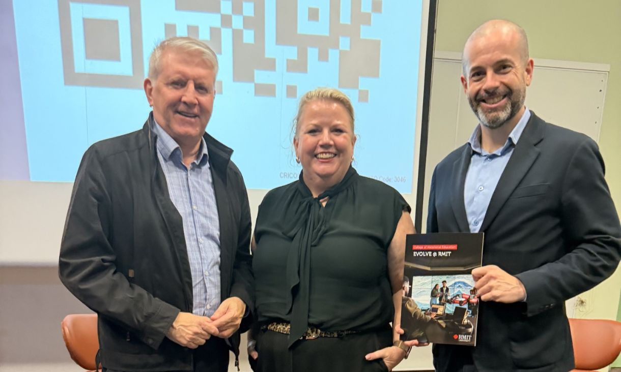 Brendan O'Connor, Mish Eastman and Alex White, Chief Executive Officer, Victorian TAFE Association.