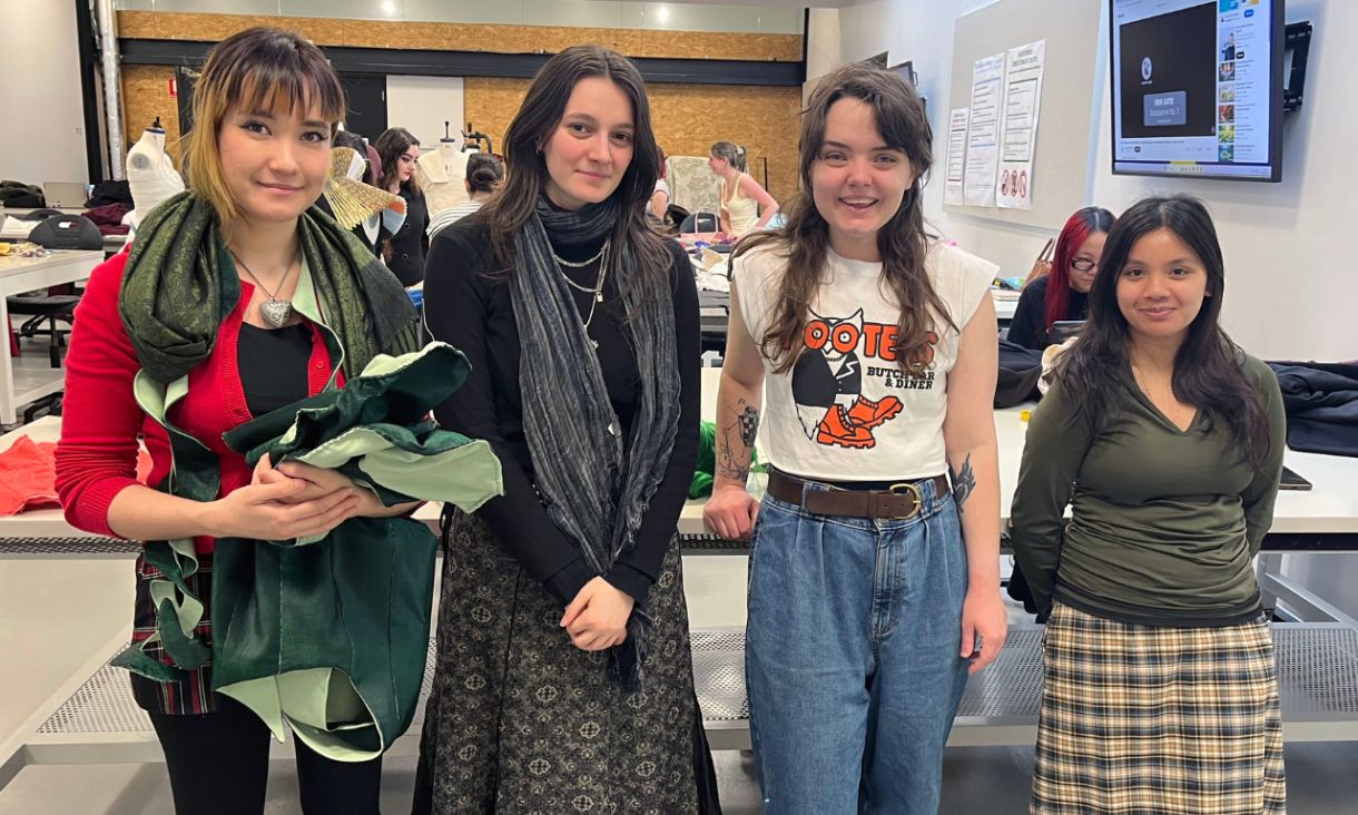 RMIT Fashion students: Alisa Rudkin, Domenique Natoli and Jhamerra Domingo with artist Charlotte Lynch (Alf Alpha).