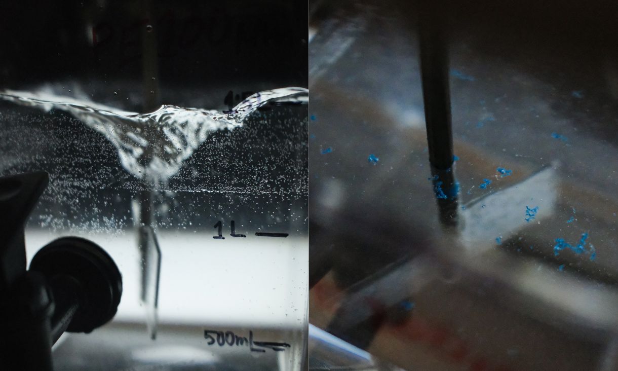 Microbubbles and nanobubbles used in an enhanced dissolved air flotation process. Microplastics visible at the top of the water. 