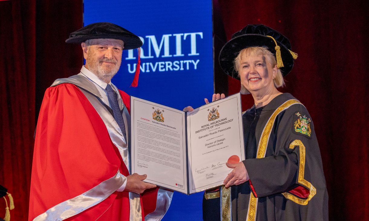 Salvador Rueda and Peggy O'Neil at the 2025 HDR graduation ceremony