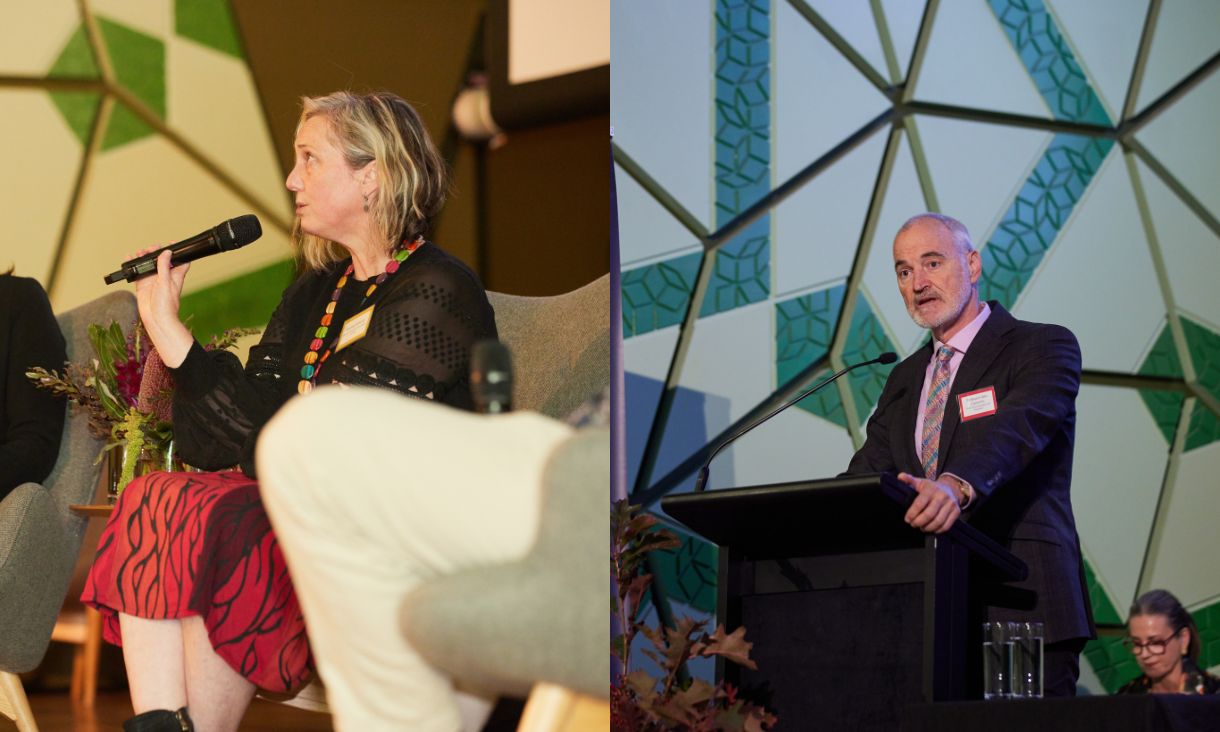 Monica Hann and Professor Alec Cameron speaking at the annual RMIT Scholarship Dinner.