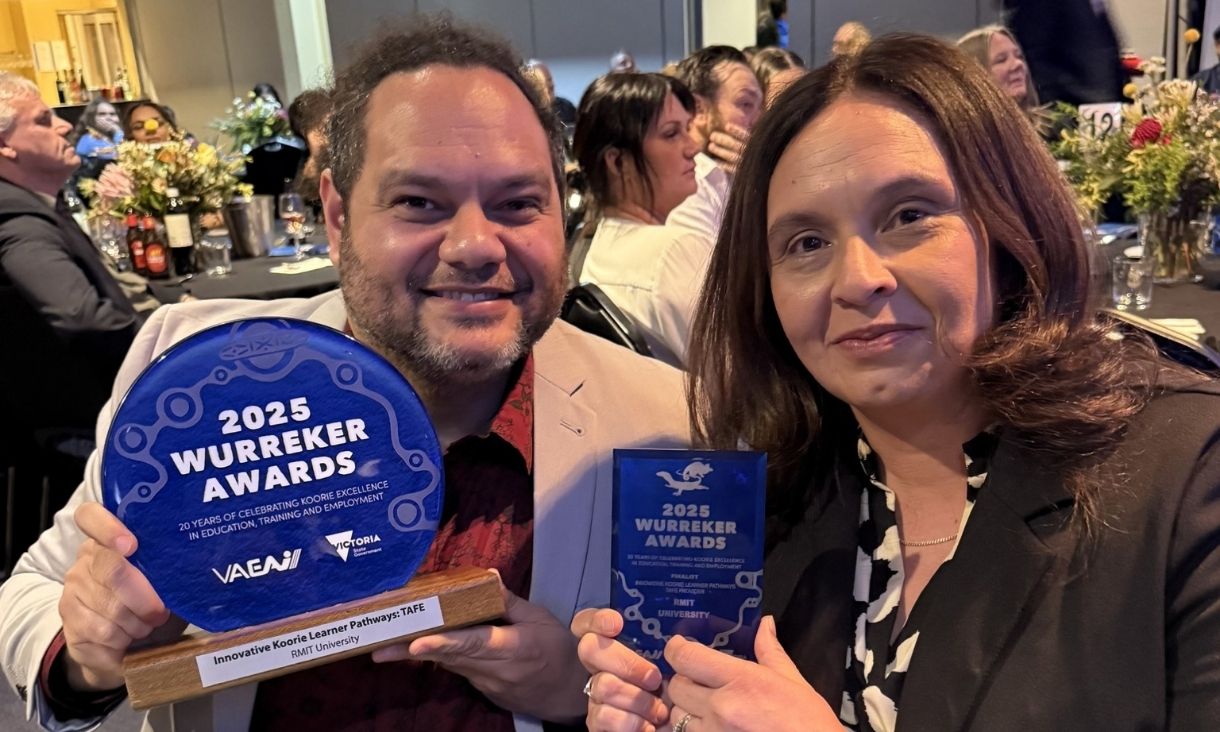 RMIT’s Senior Manager, Indigenous Education, Nicole Shanahan celebrates with Djerami Callope, Senior Advisor, Indigenous Student Success (Vocational Education).