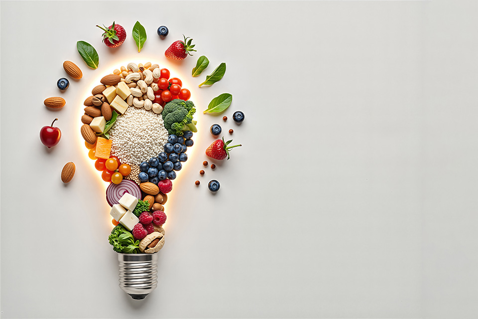 Variety of healthy foods arranged in the shape of a glowing lightbulb.