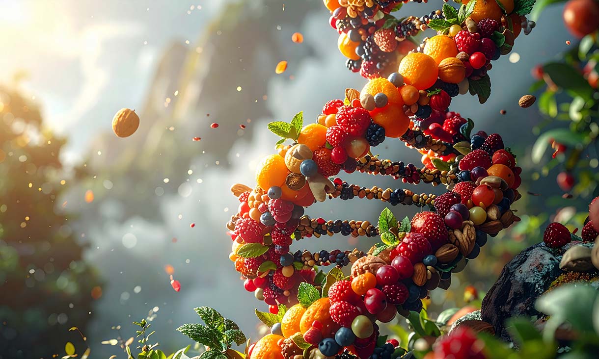 DNA strand composed of fruits, nuts and leaves.