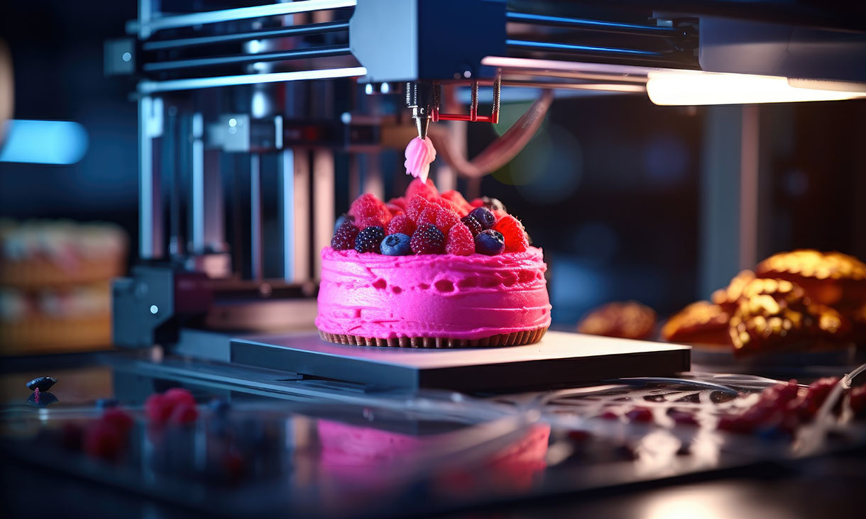3D printer creating a cake topped with berries.