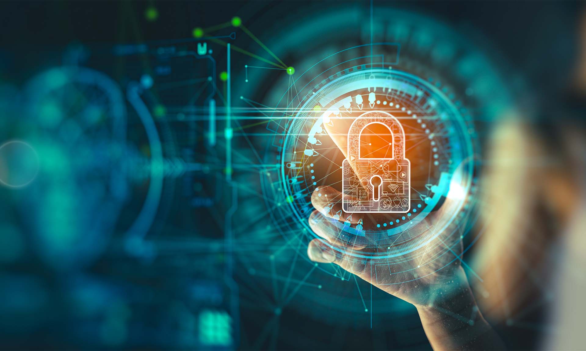 Cyber security and data protection. Businesswoman using modern screen computer protecting business and financial data with virtual network connection. Innovation technology develop smart solution.