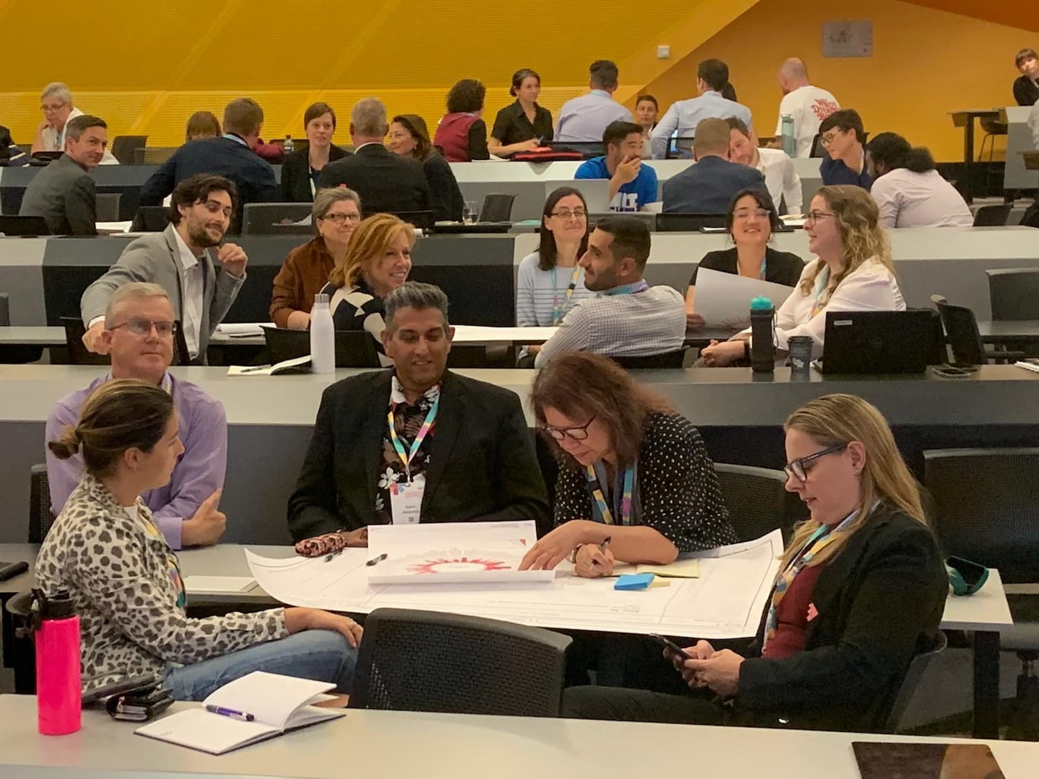 Groups of people having discussions around raodmapping papersin corporate setting