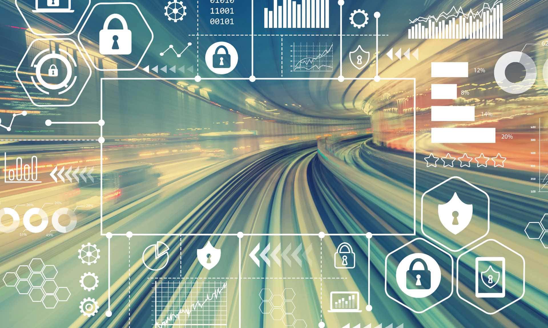 Abstract railway concept overlayed with padlock and graph illustrations