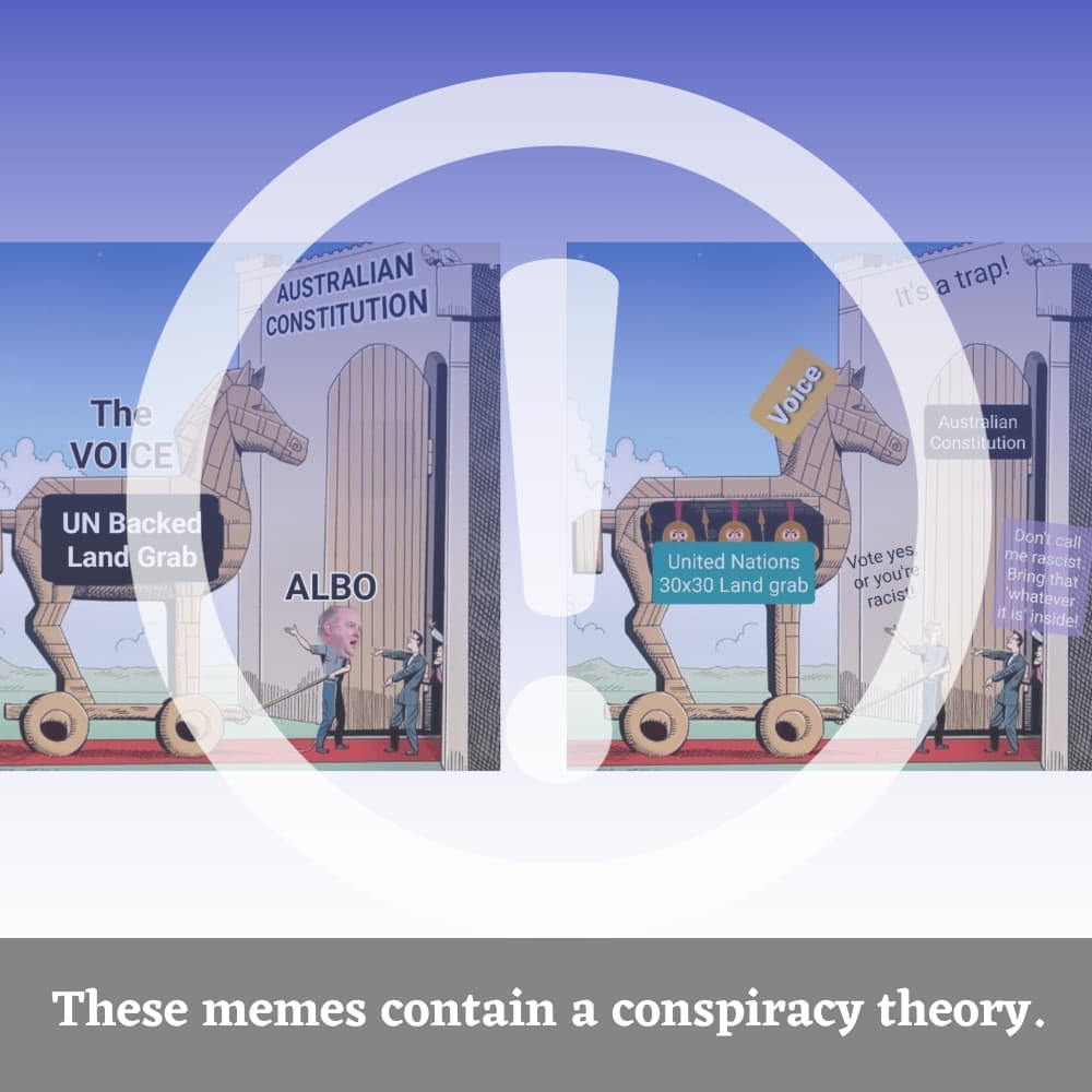 Screenshots by CrossCheck showing the Trojan Horse meme with a large exclamation sign superimposed. Text at the bottom reads: "These memes contain a conspiracy theory."