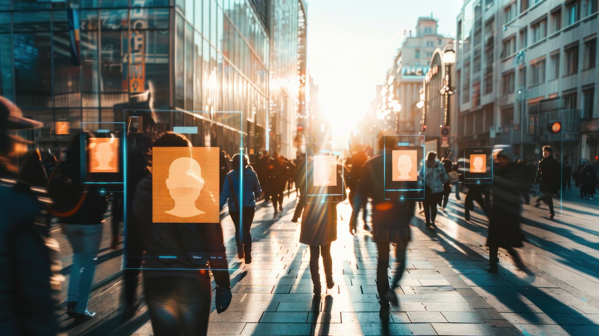  People walking down street with biometric facial recognition identification technology 