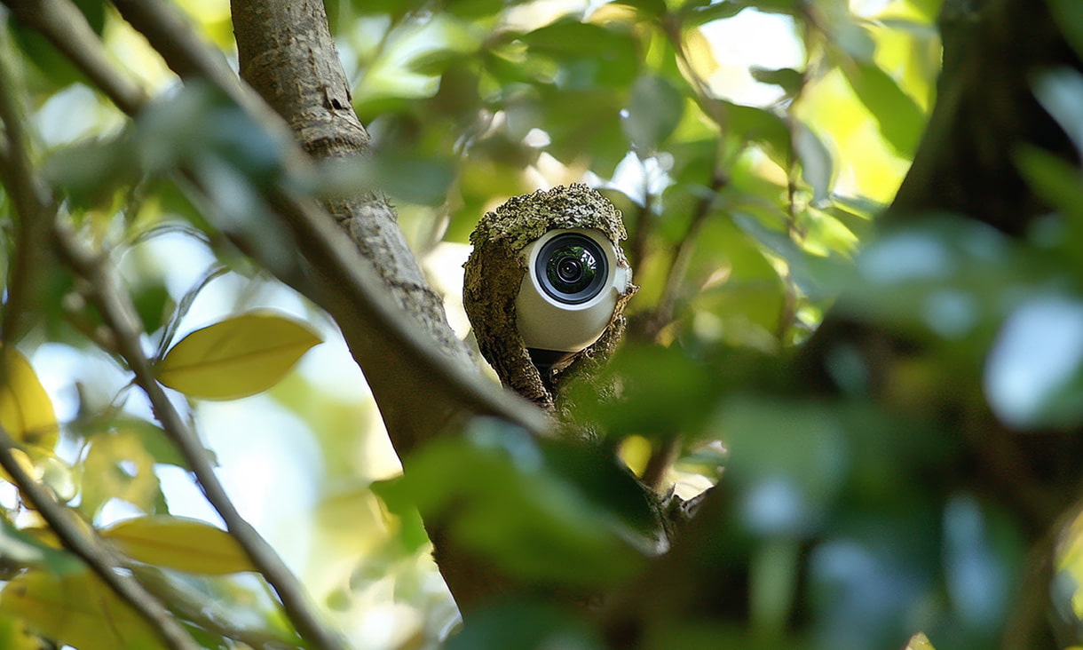 camera hidden in a tree under lichen