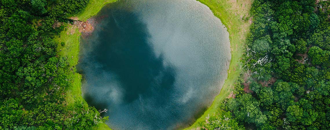 Aerial view of a round lake surrounded by dense green forest and grassy edges.