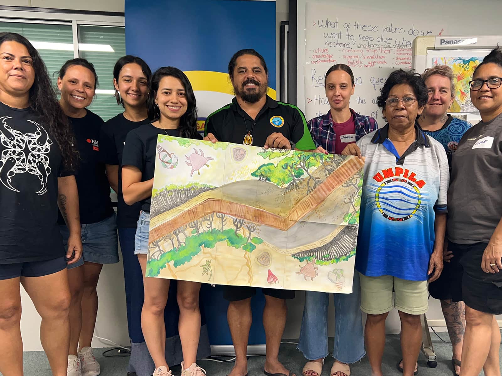 Participants in the painting workshop with their art.