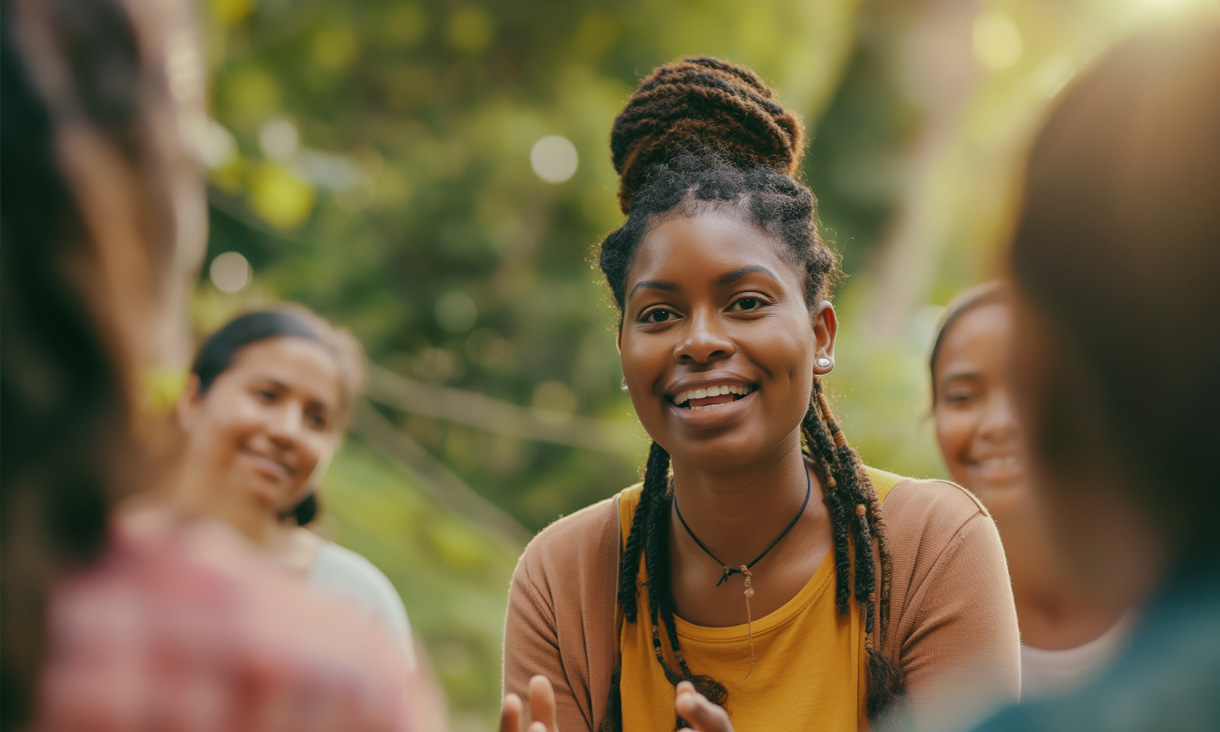 a smiling woman surrounds by other smiling women