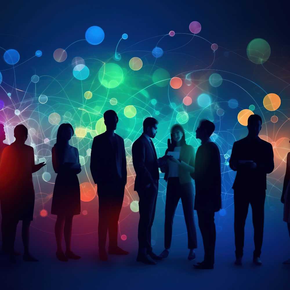 Corporate people silhouettes against colourful abstract balls