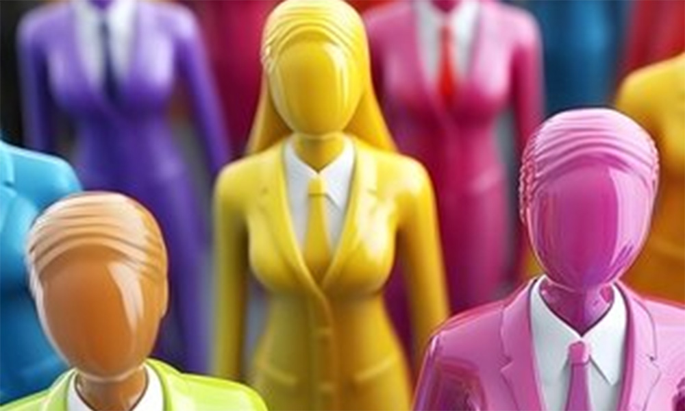 Group of colourful faceless mannequins in business attire standing together.