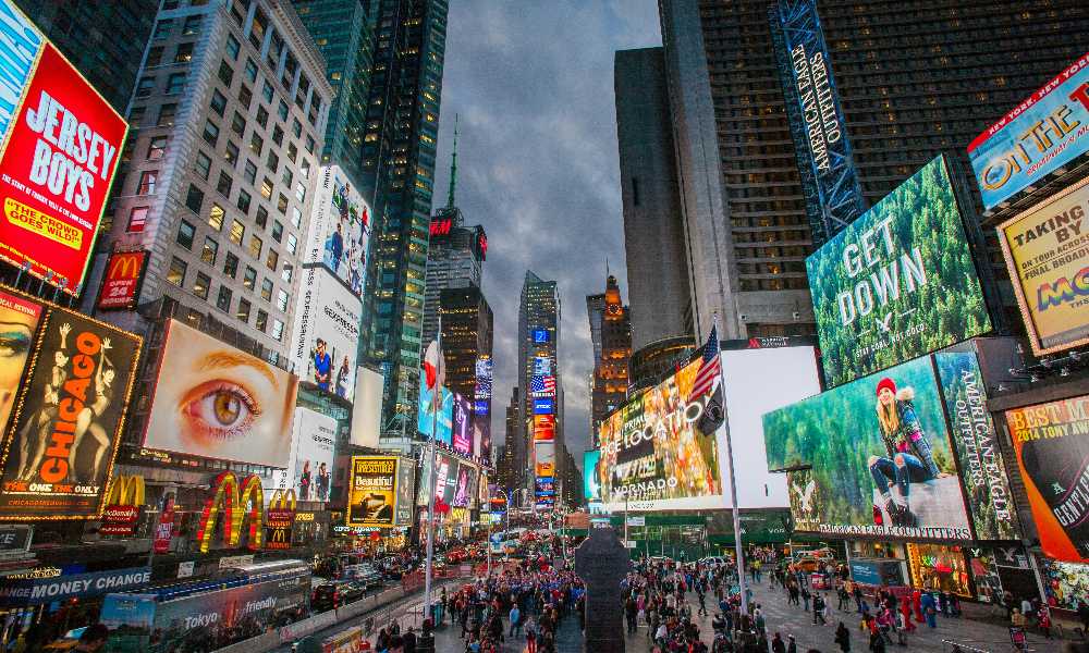 City street at night filled with advertising screens