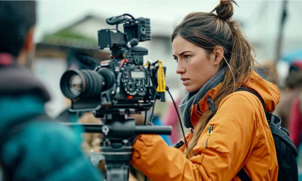 Person operating a film camera outside