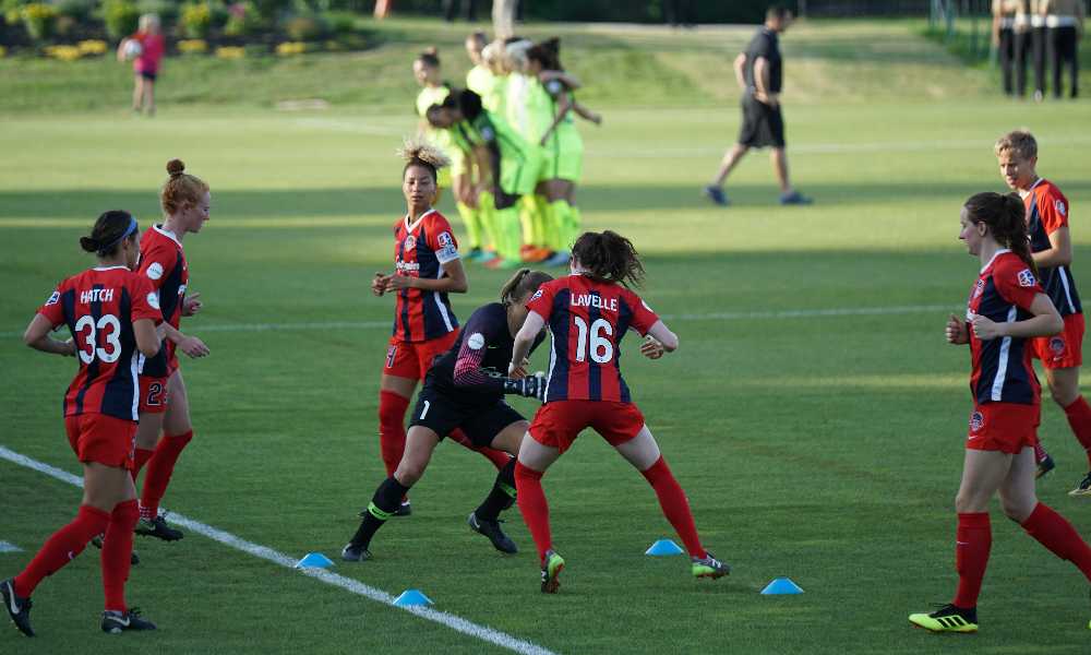 People training for soccer on field