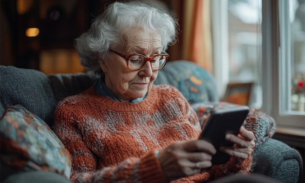 Elderly person with white hair and a patterned jumper sitting on a sofa at home, using a digital tablet.