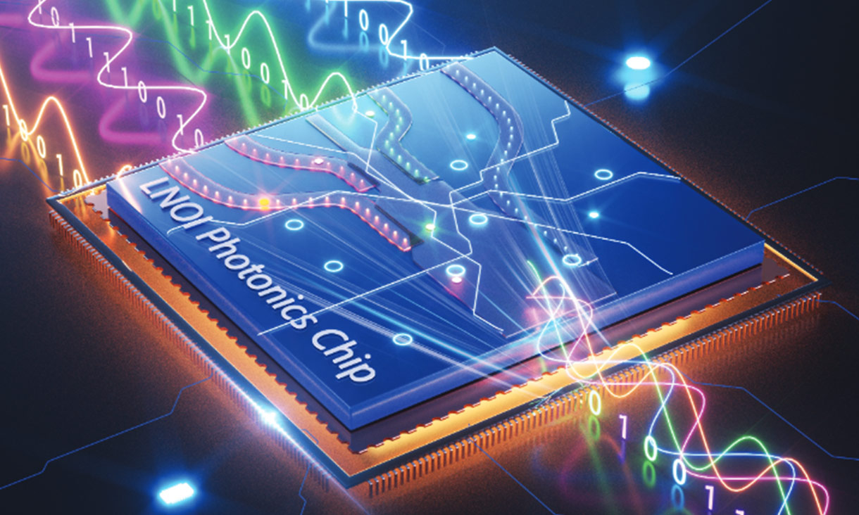 A blue chip with the words 'LNOI Photonics Chip'