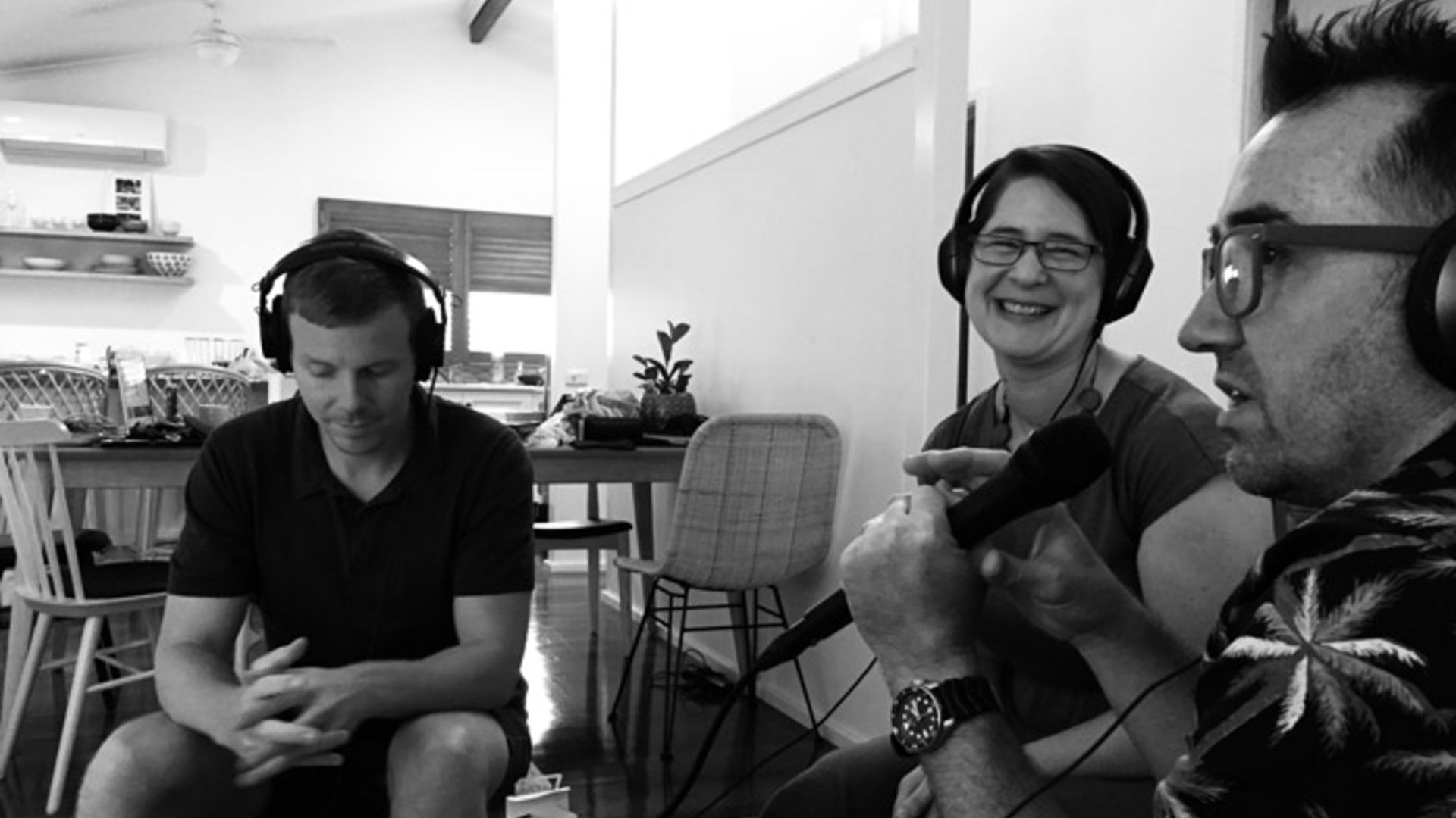 Three members of the research team - Ronnie Scott, Dr Elizabeth MacFarlane and Gabriel Clark - at an audio recording workshop. Photo by Pat Grant