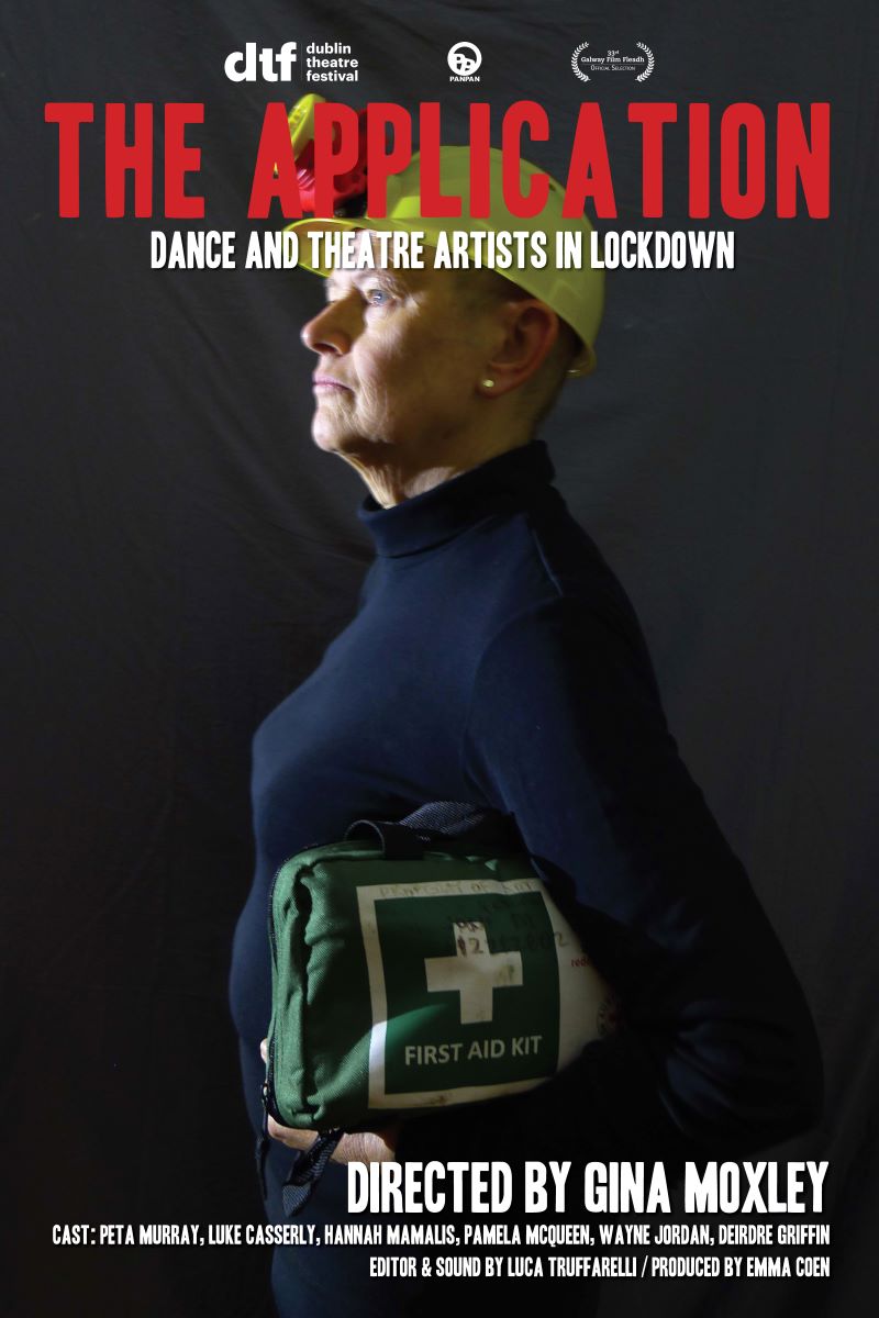 Poster for The Application showing profile of a woman wearing a hard hat and carrying a first aid kit