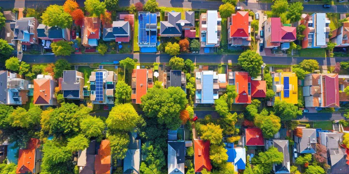 Birds eye view of houses and treetops