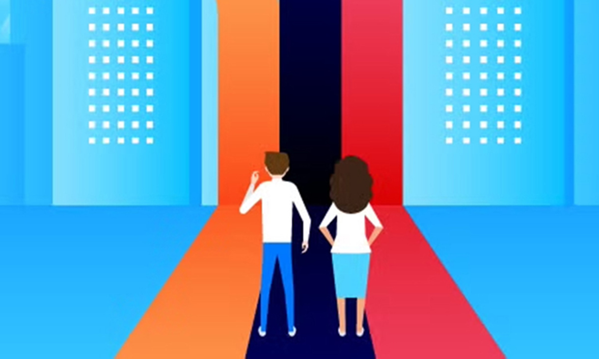 Graphic of two people walking into a city.