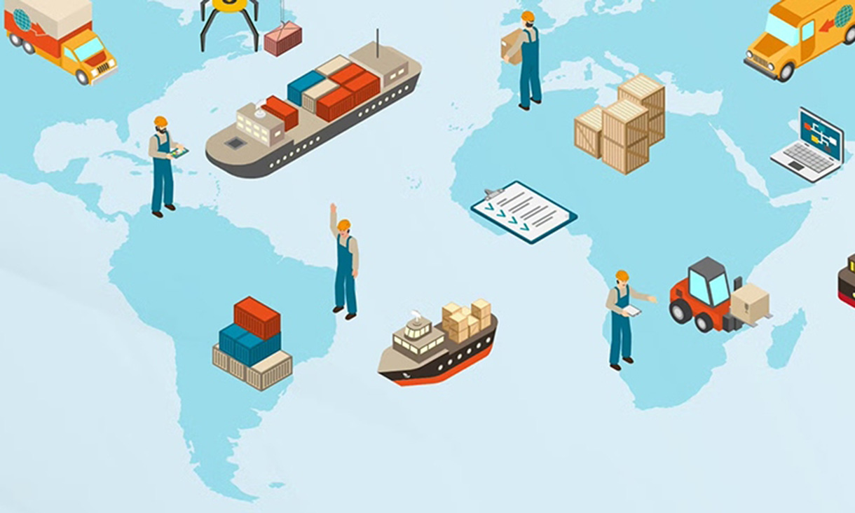 A graphic image with a map of the world with trucks, boxes, ships, shipping containers and people on top. 