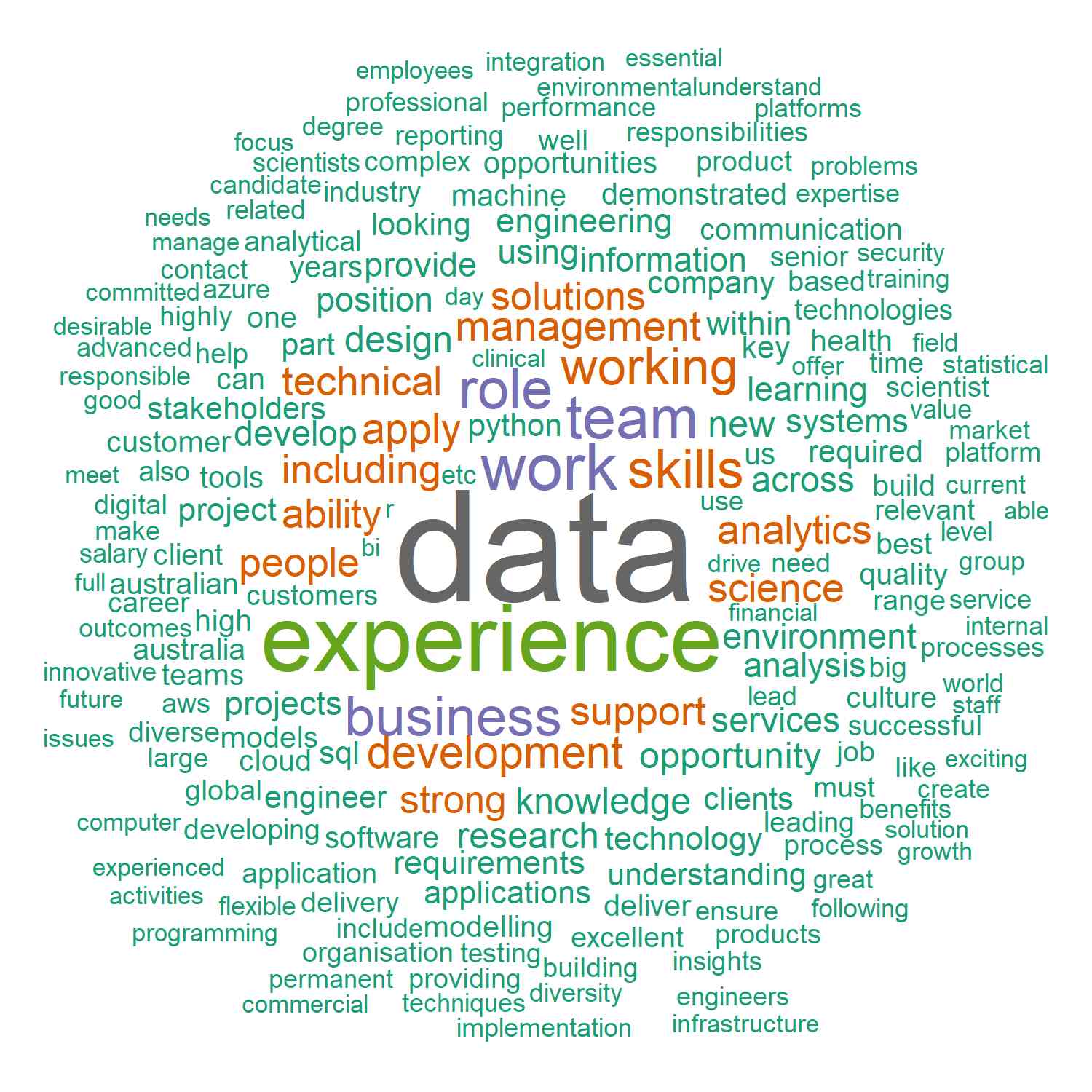 A word cloud image of data scientist terminology i.e., software, experience, knowledge, analytics etc.