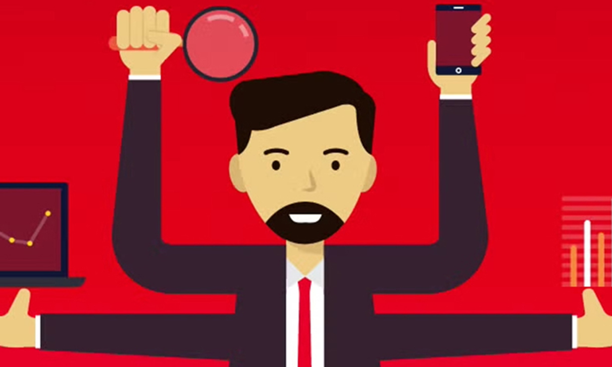 A graphic of a man with 4 arms holding a computer, a magnifying glass, a phone and a graph.