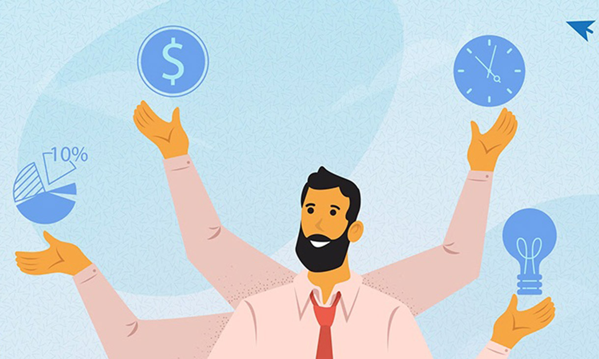 Illustration of a professional workers juggling visual iconography i.e., money, ideas, growth devices.